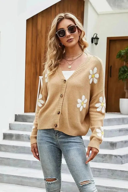 Flower Pattern Button Front Cardigan - Bad Moms Club