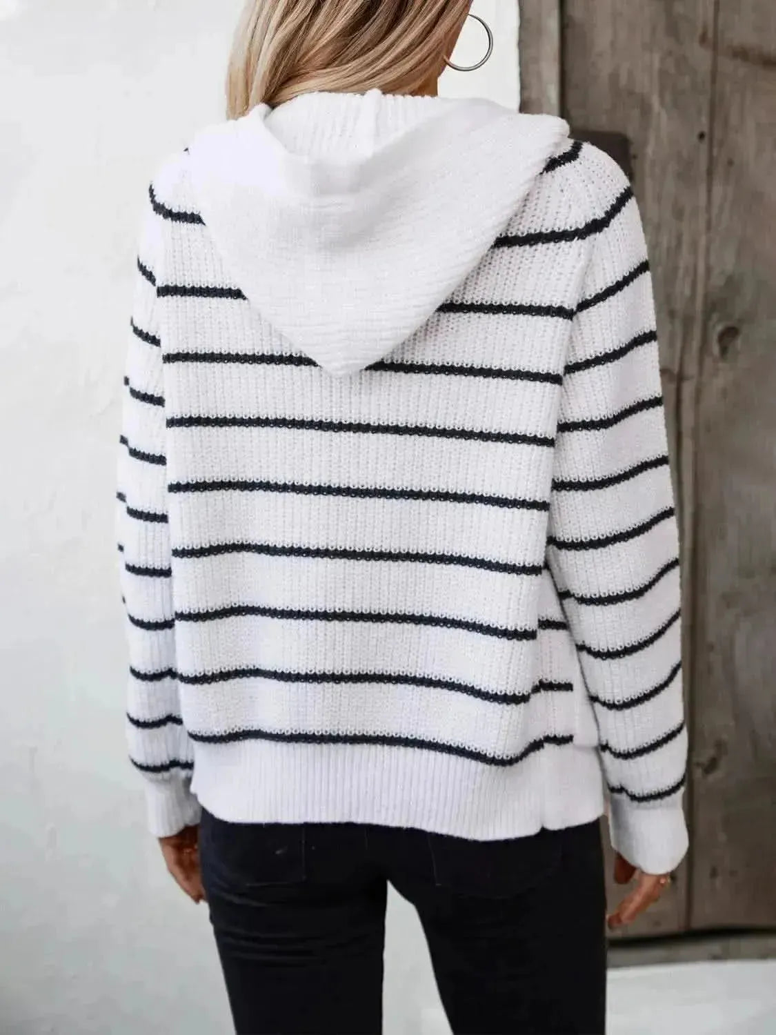 Striped Button Up Long Sleeve Hooded Cardigan - Bad Moms Club
