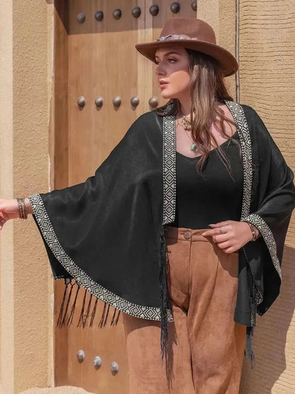Plus Size Geometric Open Front Fringe Hem Cardigan - Bad Moms Club