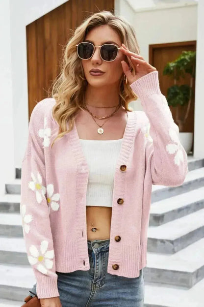 Floral Ribbed Trim Drop Shoulder Cardigan - Bad Moms Club