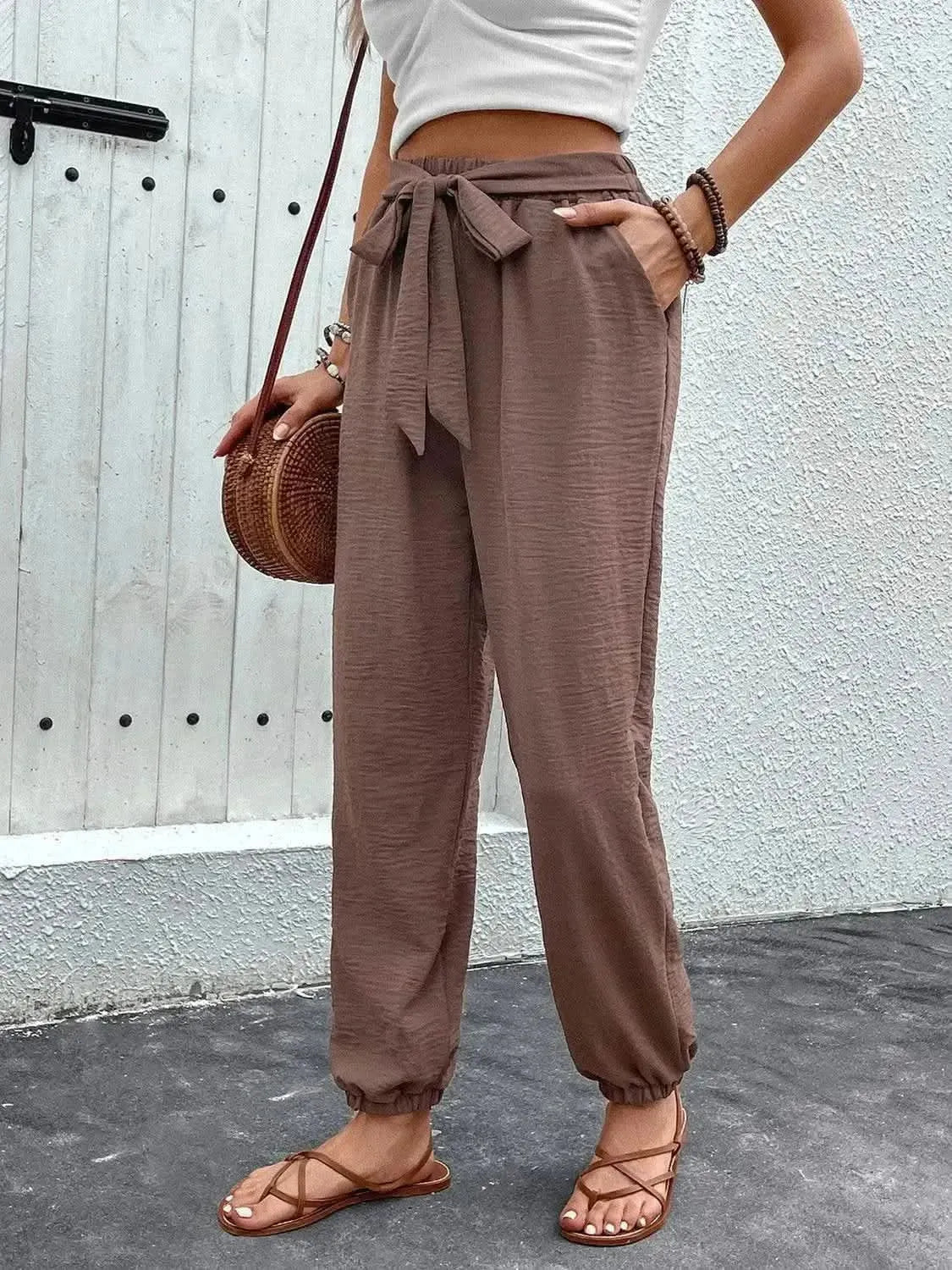 Perfee Tied High Waist Pants with Pockets - Bad Moms Club
