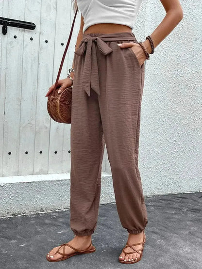 Perfee Tied High Waist Pants with Pockets - Bad Moms Club