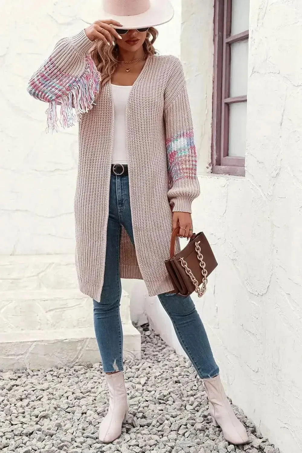 Fringe Sleeve Dropped Shoulder Cardigan - Bad Moms Club