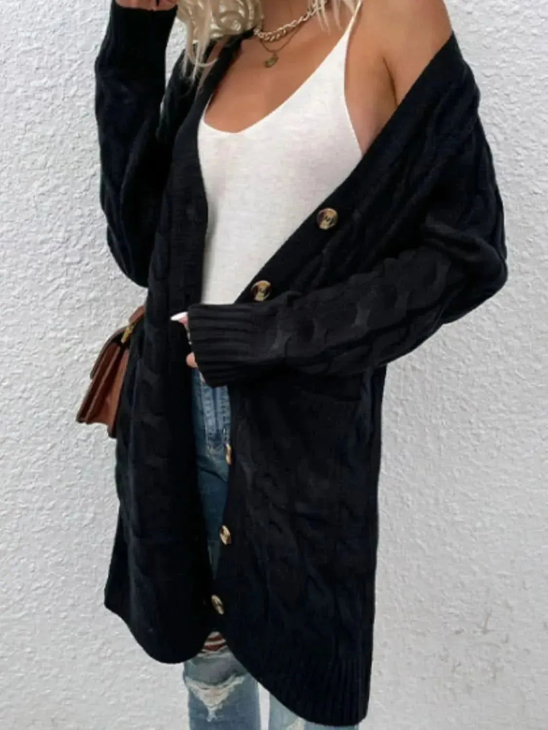 Cable-Knit Button Down Cardigan with Pockets - Bad Moms Club
