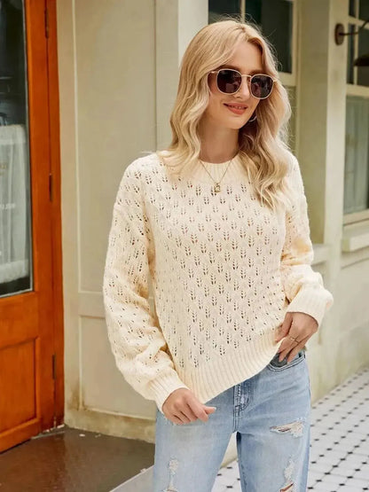 Openwork Round Neck Sweater - Bad Moms Club