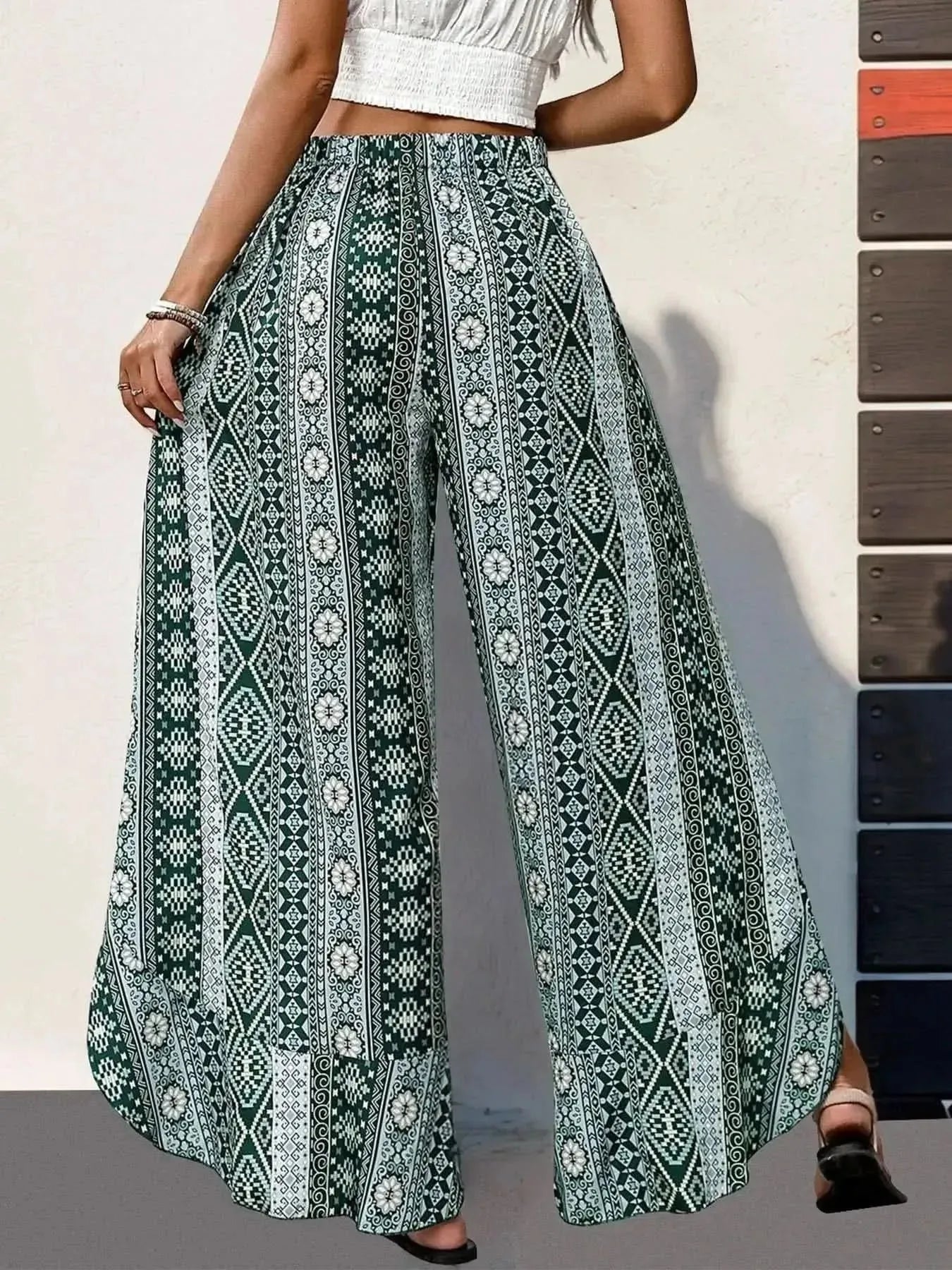 Perfee Slit Ruffled Geometric Wide Leg Pants - Bad Moms Club