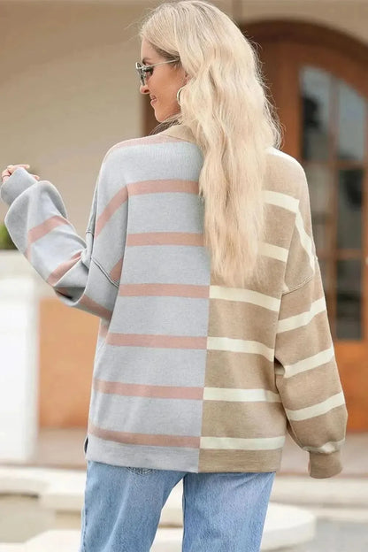 Striped Round Neck Long Sleeve Knit Top - Bad Moms Club