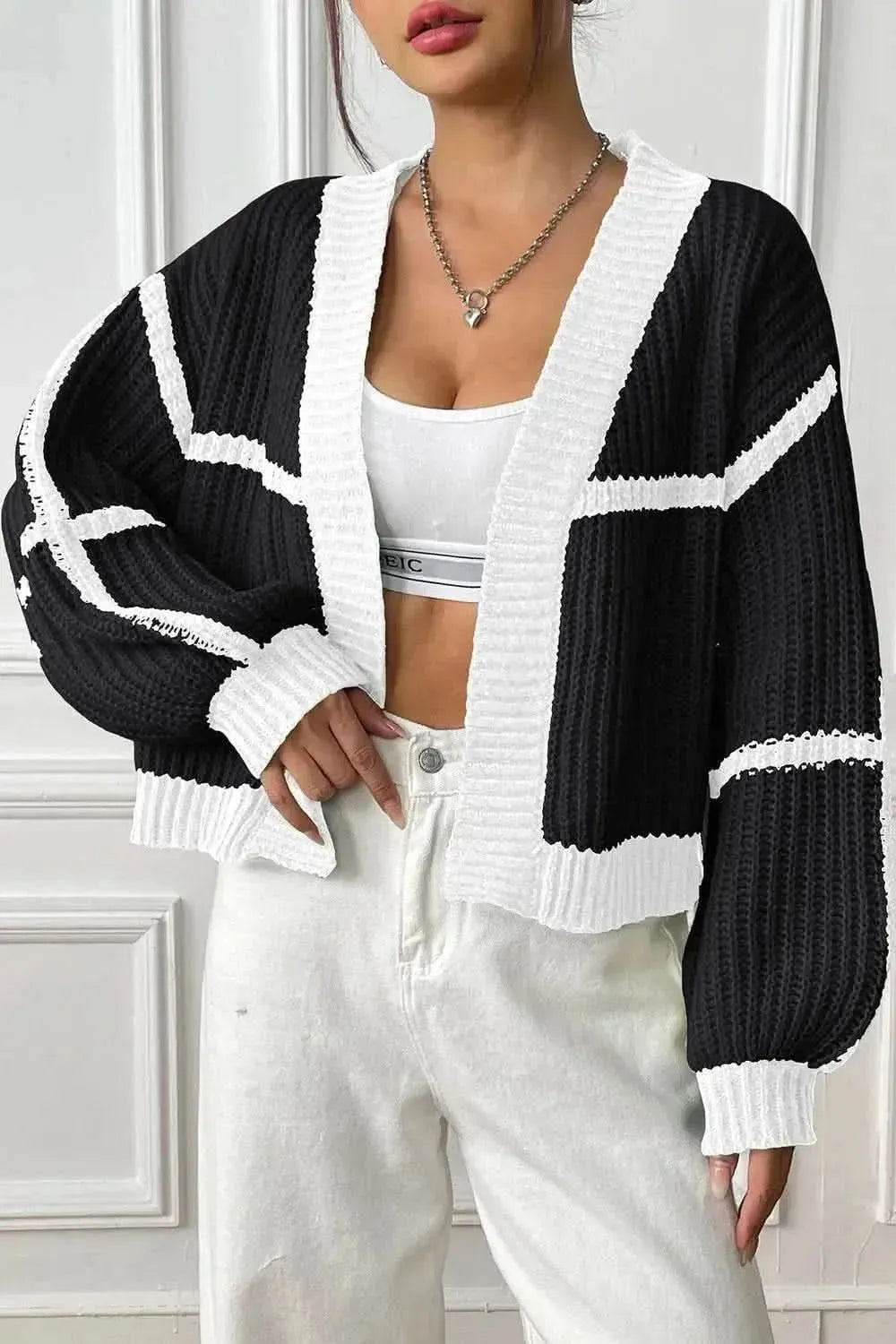 Contrast Open Front Long Sleeve Cardigan - Bad Moms Club