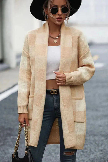 Plaid Dropped Shoulder Cardigan with Pocket - Bad Moms Club