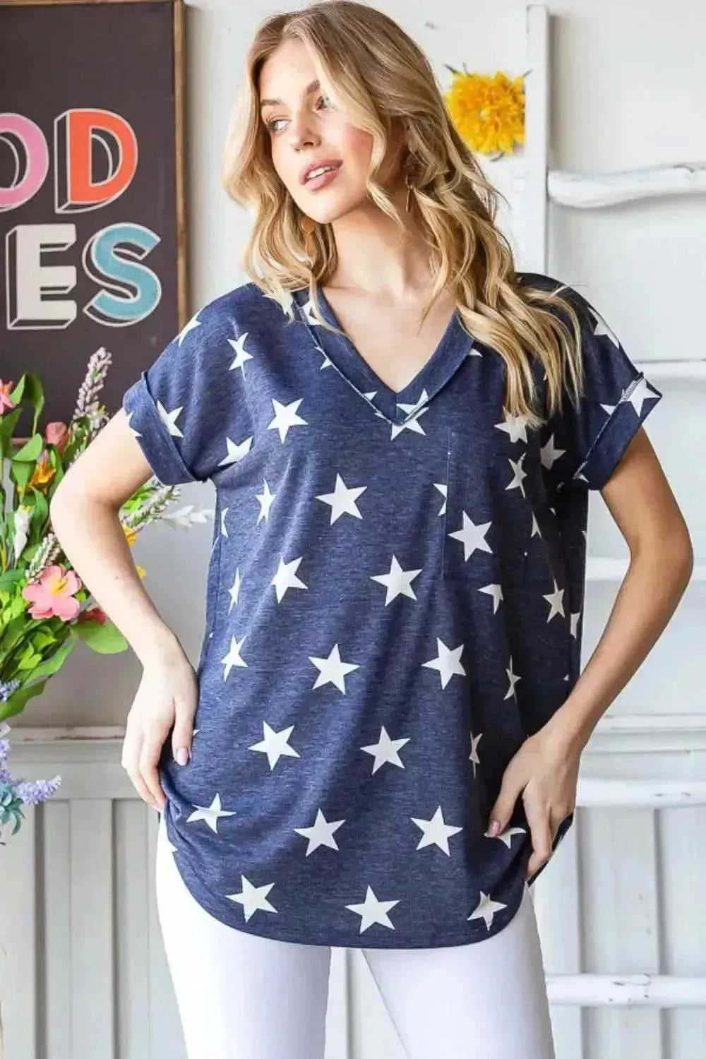 Heimish Full Size Star Print V-Neck Short Sleeve T-Shirt - Bad Moms Club