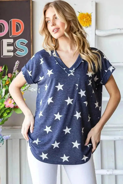 Heimish Full Size Star Print V-Neck Short Sleeve T-Shirt - Bad Moms Club
