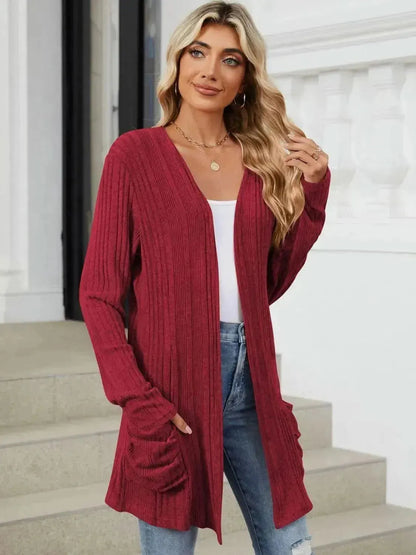 Pocketed Open Front Long Sleeve Cardigan - Bad Moms Club