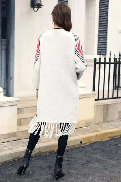 Geometric Fringe Hem Open Front Duster Cardigan - Bad Moms Club