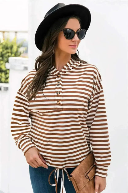 Striped Half-Button Dropped Shoulder Hoodie - Bad Moms Club