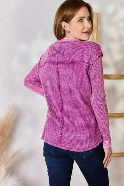 Zenana Washed Half Button Exposed Seam Waffle Top - Bad Moms Club