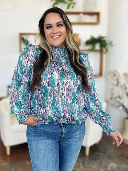 Double Take Full Size Printed Smocked Long Sleeve Blouse - Bad Moms Club