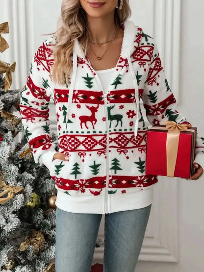 Drawstring Christmas Element Zip Up Hooded Jacket - Bad Moms Club