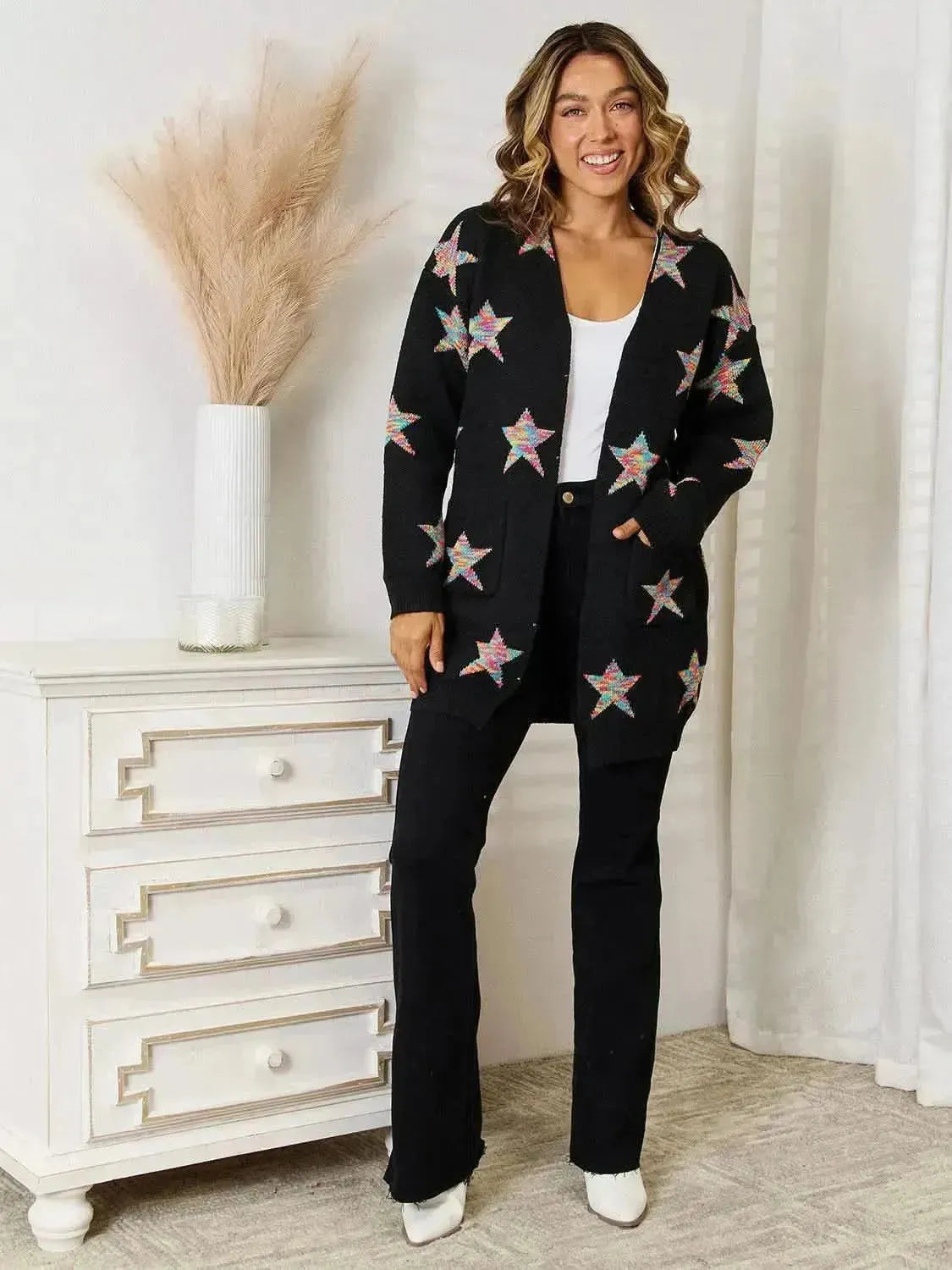 Star Pattern Open Front Cardigan with Pockets - Bad Moms Club