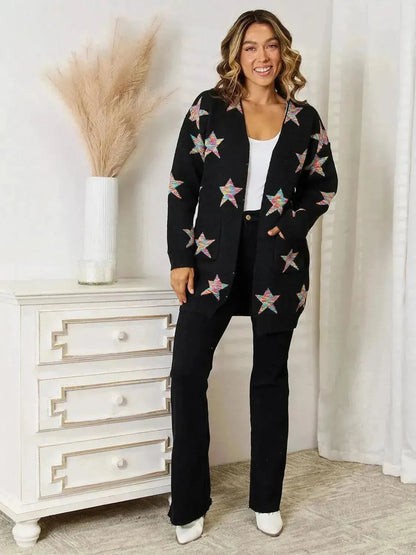 Star Pattern Open Front Cardigan with Pockets - Bad Moms Club