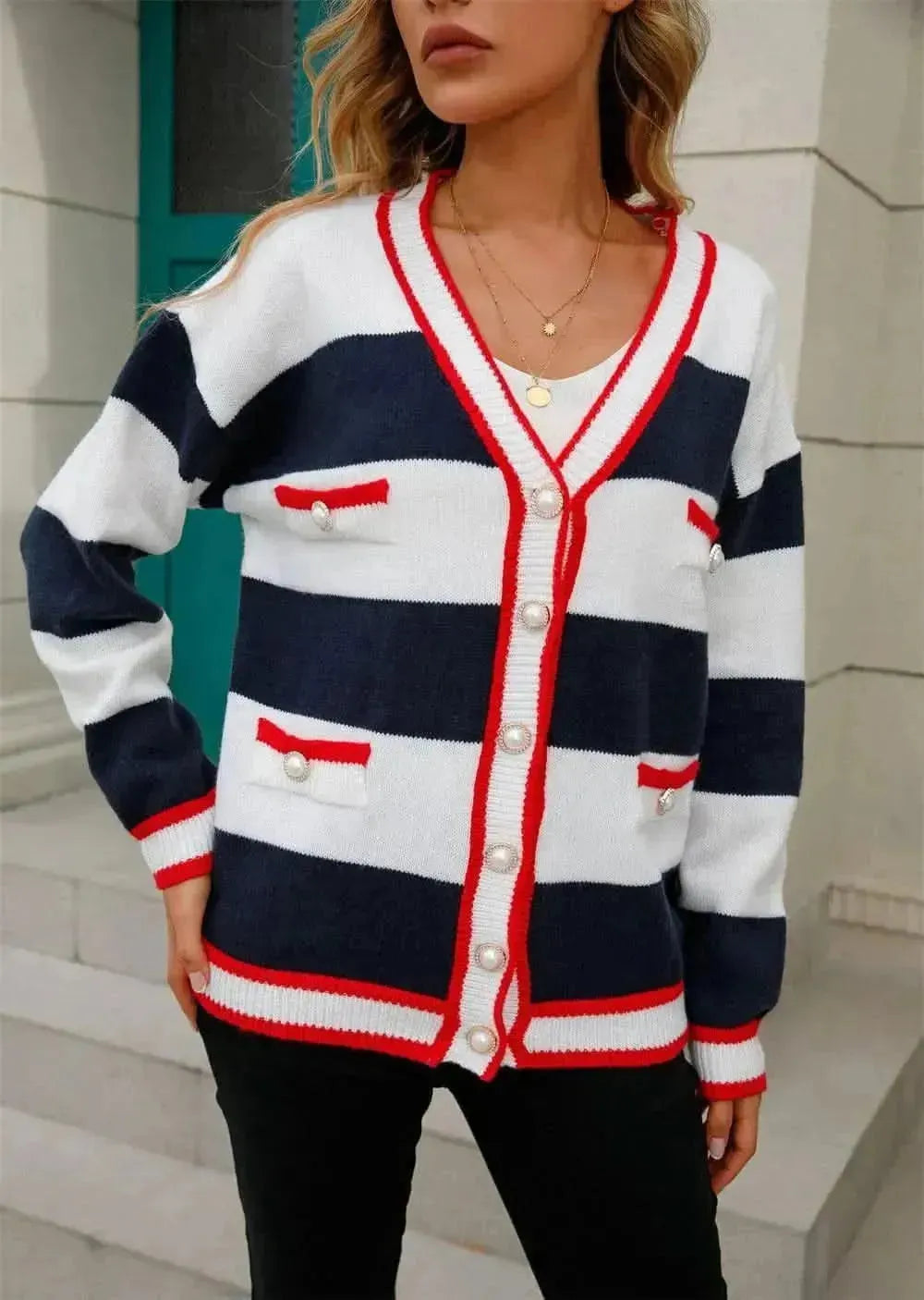 Color Block V-Neck Long Sleeve Cardigan - Bad Moms Club