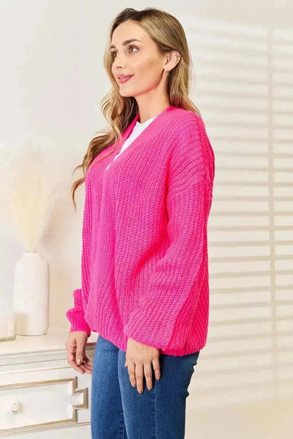 Woven Right Rib-Knit Open Front Drop Shoulder Cardigan - Bad Moms Club