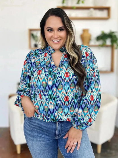 Double Take Full Size Printed Balloon Sleeve Blouse - Bad Moms Club