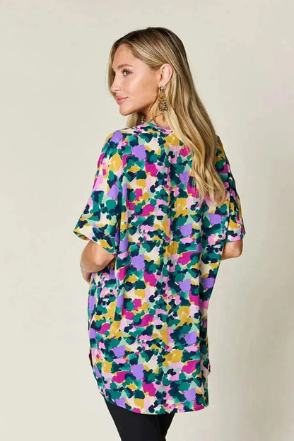 Double Take Full Size Printed V-Neck Short Sleeve Side Slit Top - Bad Moms Club