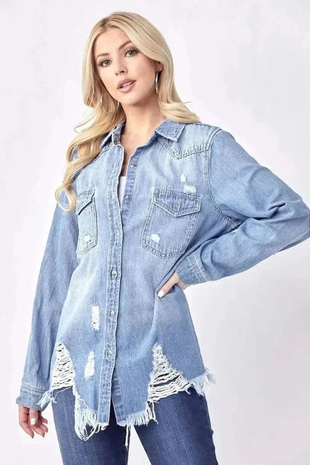 RISEN Button Up Distressed Denim Shirt - Bad Moms Club