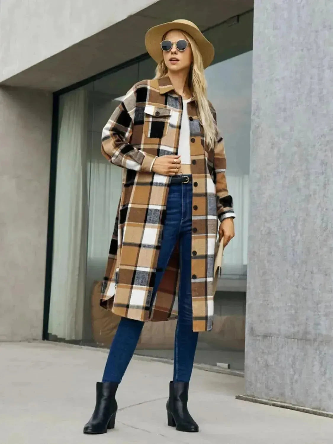 Plaid Pocketed Button Up Trench Coat - Bad Moms Club