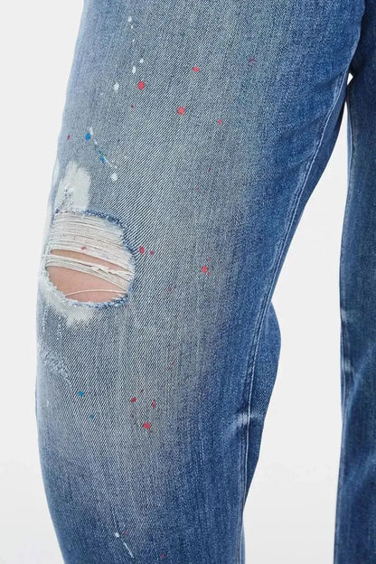 BAYEAS Full Size High Waist Distressed Paint Splatter Pattern Jeans - Bad Moms Club