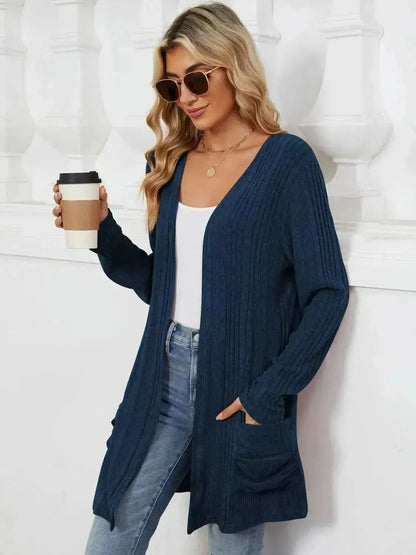 Pocketed Open Front Long Sleeve Cardigan - Bad Moms Club