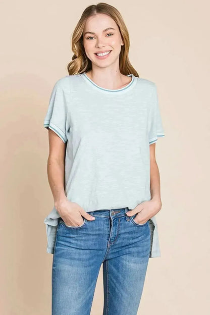Cotton Bleu by Nu Lab Contrast Trim Short Sleeve Slit T-Shirt - Bad Moms Club