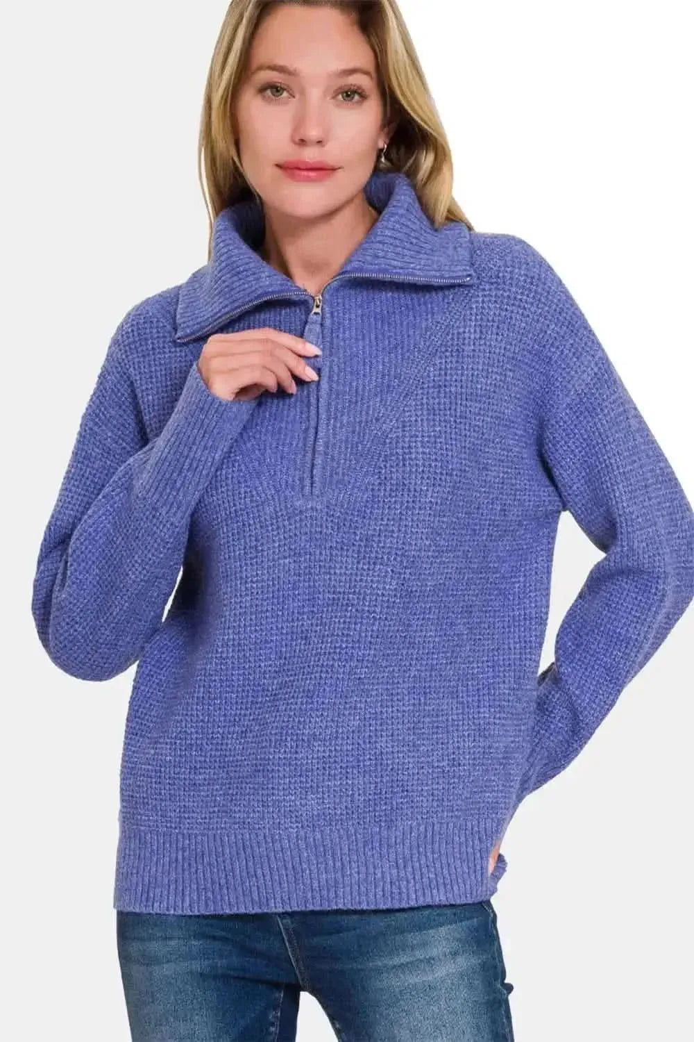 Zenana Half Zip Long Sleeve Sweater - Bad Moms Club