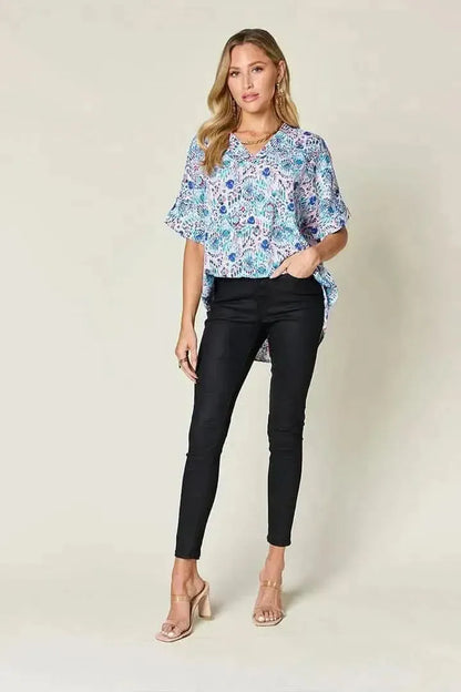 Double Take Full Size Printed V-Neck Short Sleeve Blouse - Bad Moms Club