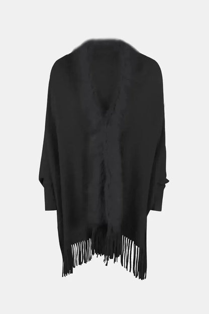 Fringe Open Front Long Sleeve Poncho - Bad Moms Club