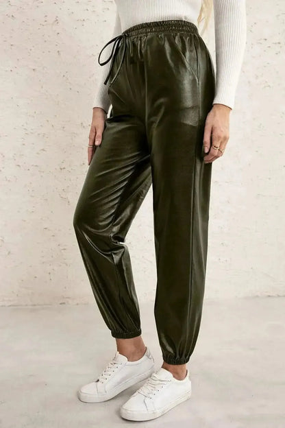 Ivy Lane Elastic Waist PU Leather Joggers - Bad Moms Club