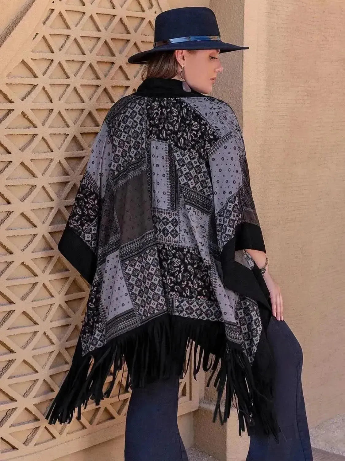 Plus Size Printed Fringe Open Front Outerwear - Bad Moms Club