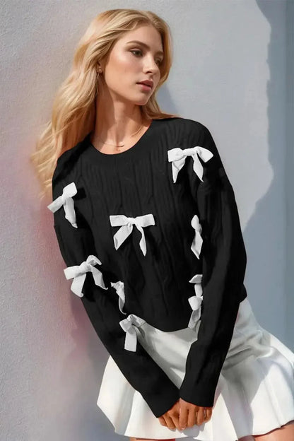 Double Take Full Size Bow Cable-Knit Round Neck Sweater - Bad Moms Club
