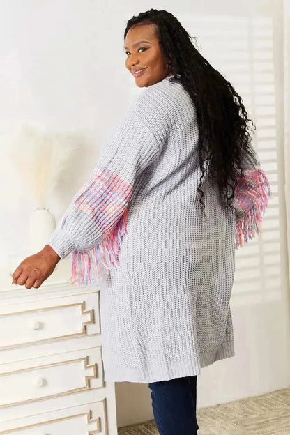 Woven Right Fringe Sleeve Dropped Shoulder Cardigan - Bad Moms Club