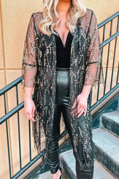 Sequin Open Front Sheer Cardigan - Bad Moms Club