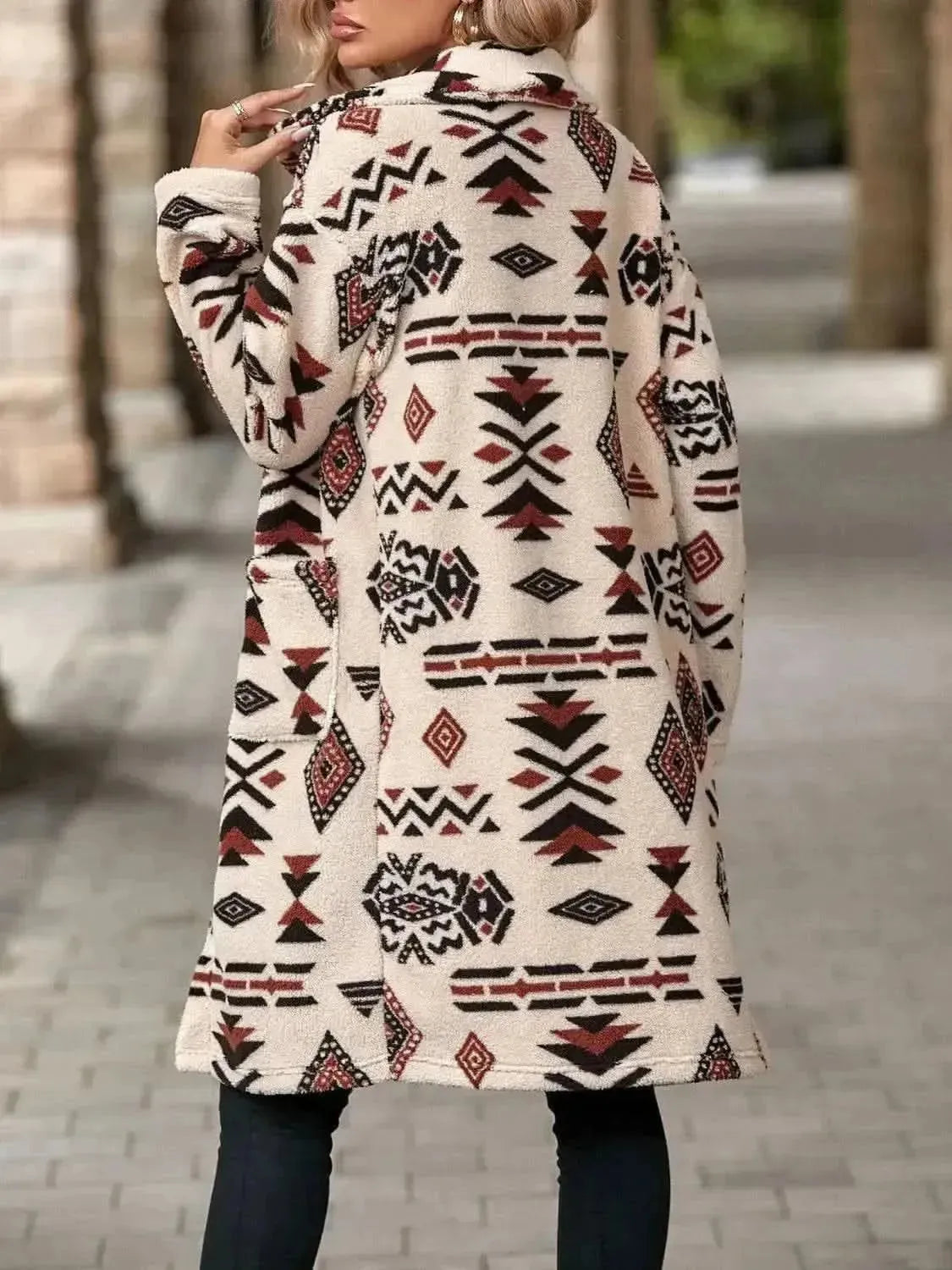 Geometric Pocketed Dropped Shoulder Coat - Bad Moms Club