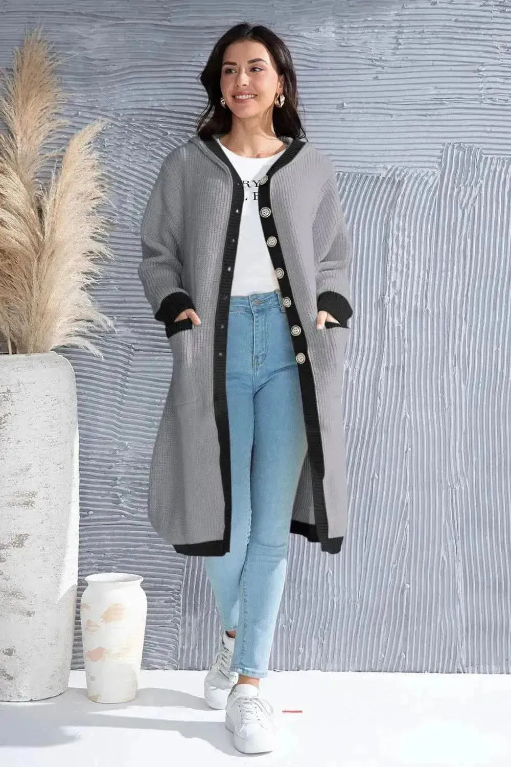 Button Up Contrast Trim Hooded Cardigan - Bad Moms Club