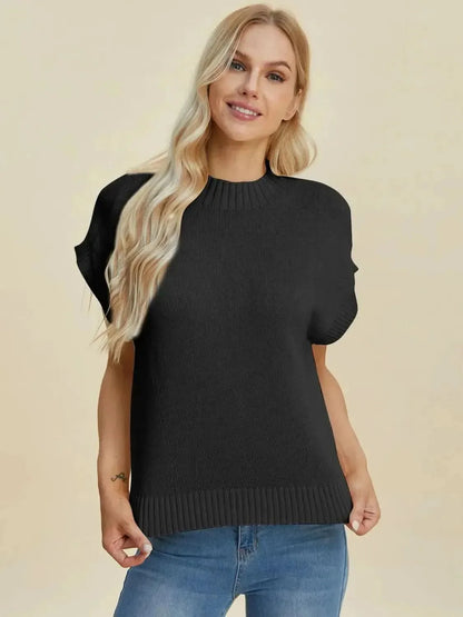 Double Take Full Size Mock Neck Short Sleeve Sweater - Bad Moms Club