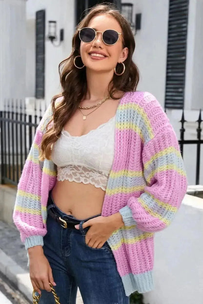 Striped Lantern Sleeve Dropped Shoulder Cardigan - Bad Moms Club