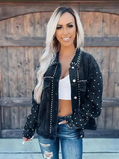 Studded Collared Neck Button Down Jacket - Bad Moms Club