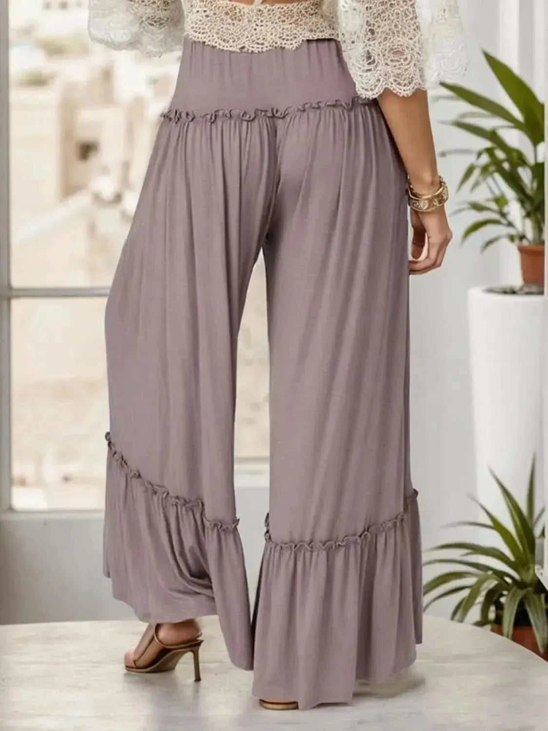 Wide Leg Ruffle Trim Pants - Bad Moms Club
