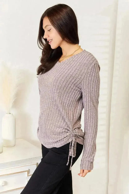 Double Take Drawstring Ribbed Long Sleeve T-Shirt - Bad Moms Club