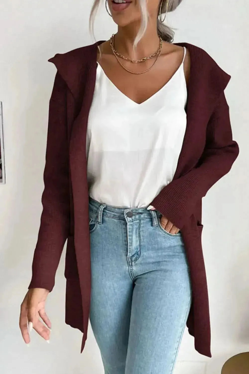 Ribbed Open Front Hooded Cardigan with Pockets - Bad Moms Club