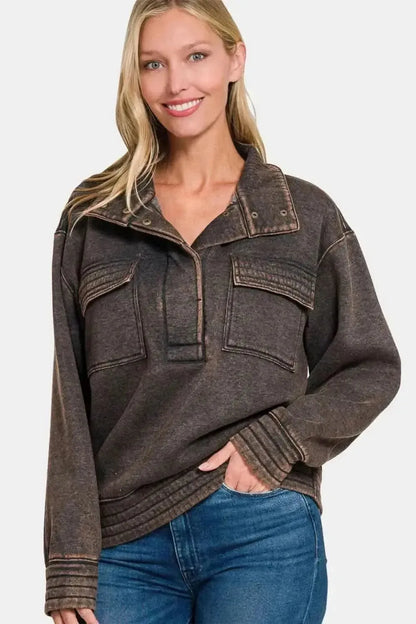 Zenana Acid Washed Half Snap Fleece Sweatshirt - Bad Moms Club