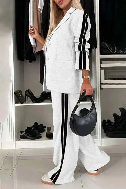 Full Size Contrast Lapel Collar Top and Pants Set - Bad Moms Club